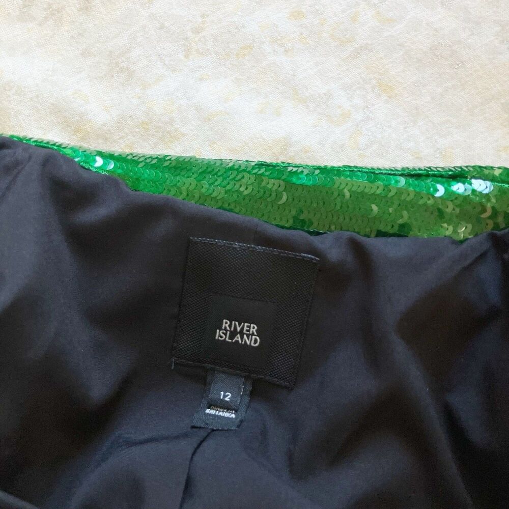 River Island Sequin Blazer Jacket US Size 8 Emerald Green Open Ruched Sleeve - Picture 7 of 7